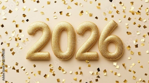 Fototapeta Gold 2026 numerals on beige background with confetti.