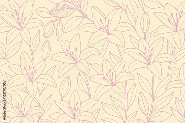 Fototapeta pink lily bloom illustration on soft backdrop vector. graceful botanical lilies with delicate mauve outline. elegant design for interior, mural, print, label, wrap, invite, branding, banner