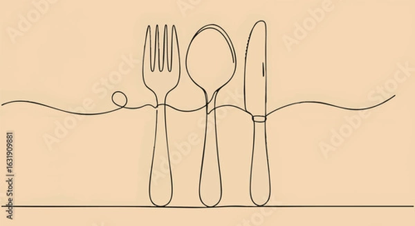 Obraz Continuous one-line drawing of a fork, spoon, and knife. Minimalist cutlery set illustration for a restaurant menu or dinner concept.