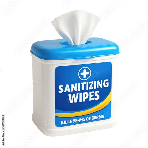 Fototapeta White blue sanitizing wipes container with white cloth dispenser