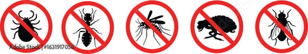 Fototapeta Pest Control Vector Icons, Insect Prohibition Signs, No Bugs Allowed, Mosquito Tick Ant Cockroach Fly, Red Circle Stop Symbol Illustration