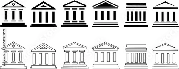 Fototapeta Black bank icon set. Government building, flat vector