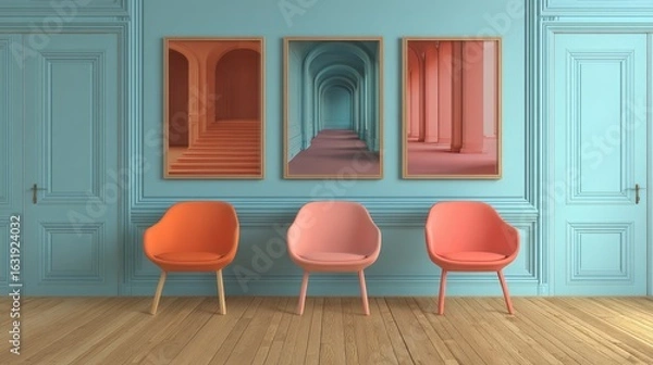 Obraz Pastel-toned room with three framed prints and matching chairs.