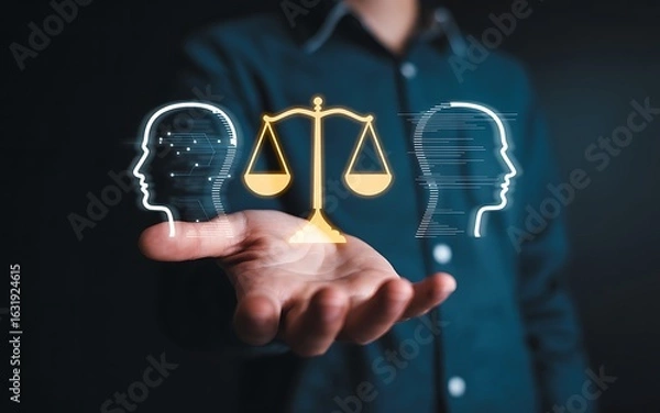 Fototapeta A businessman's hand holds a glowing scale of justice hologram, balancing the ethics of artificial intelligence against human intellect.