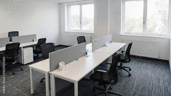 Fototapeta Empty office with ergonomic desks and large windows 