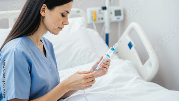 Obraz Nurse checking IV drip beside hospital bed 