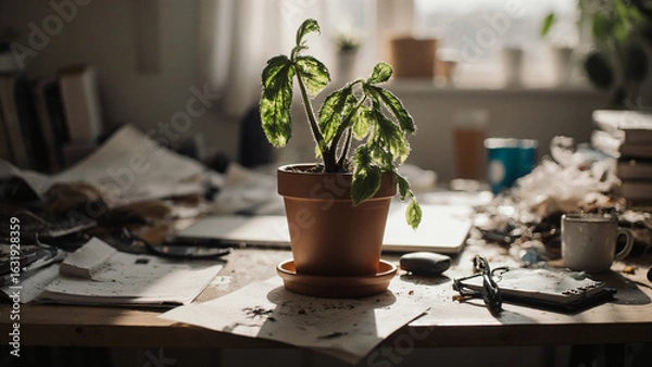 Fototapeta Burnout concept with wilted plant on cluttered desk 