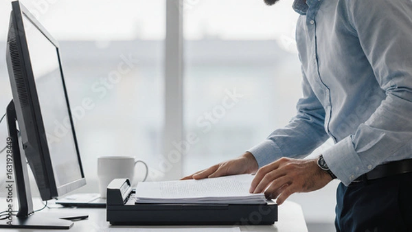 Fototapeta Man scanning files with document scanner 