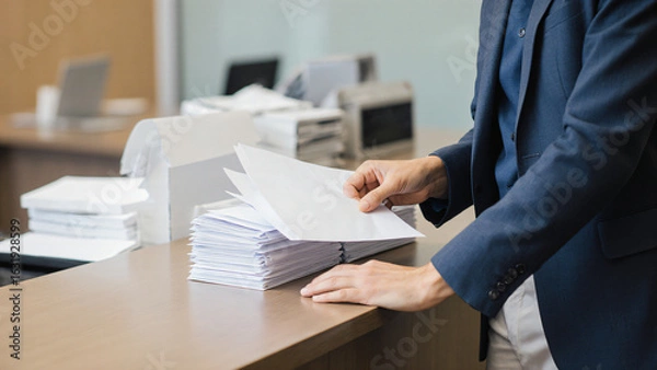 Fototapeta Sorting envelopes at reception desk 