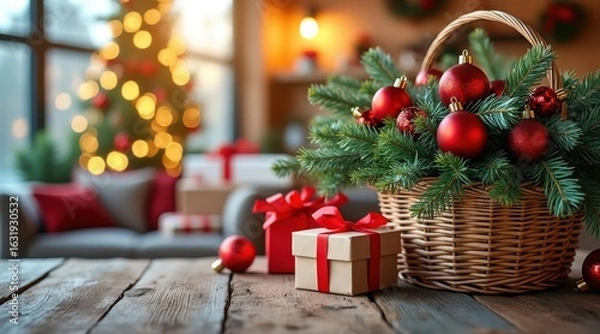 Fototapeta Cozy christmas scene with gifts and decorated tree