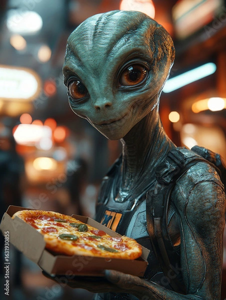 Fototapeta friendly alien holding a box of pizza against a neon-lit city background