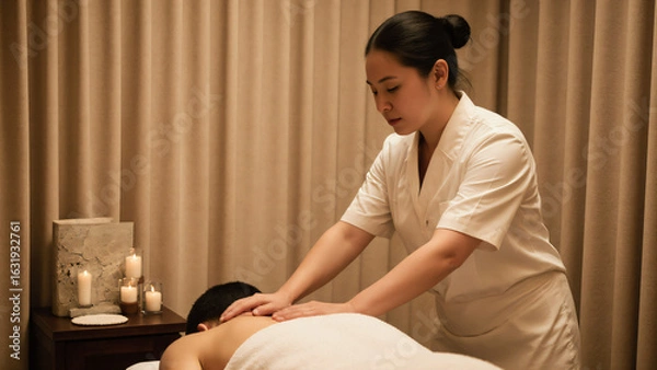 Obraz Spa worker preparing massage room 