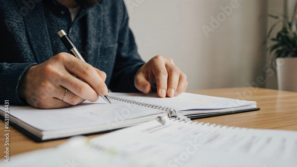 Obraz Man checking off goals in planner 