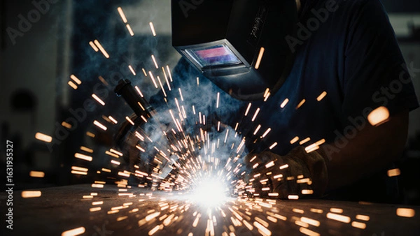 Fototapeta Welder with mask and sparks flying 