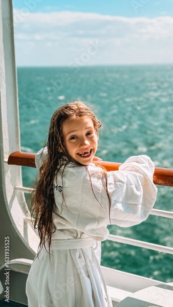 Obraz A happy 7-8 year old girl in a white robe stands in a cruise ship cabin, smiling as she looks out at the beautiful sea on a sunny day. A joyful moment of travel, relaxation, and childhood wonder.