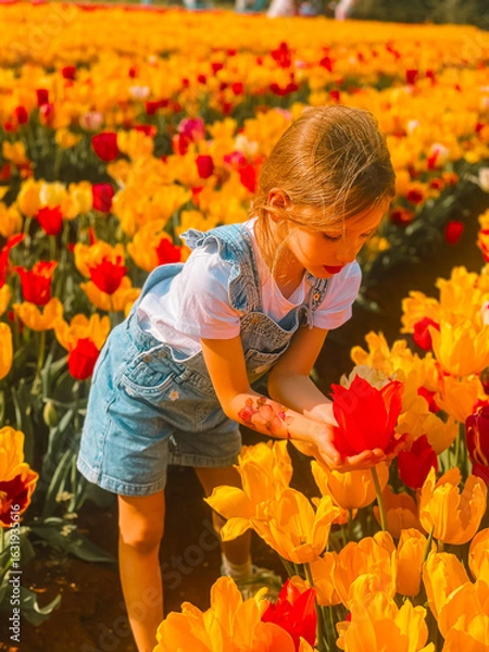 Obraz A young girl enjoying summer kids activities in a vibrant tulip field. She gently holds a red flower, surrounded by bright yellow and red tulips, capturing a joyful moment of nature, play.