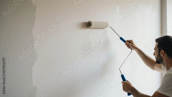 Fototapeta Painter using roller on indoor wall 