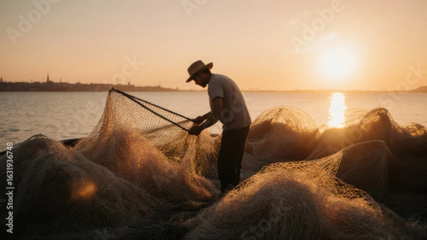 Obraz Fisherman preparing nets at dawn 