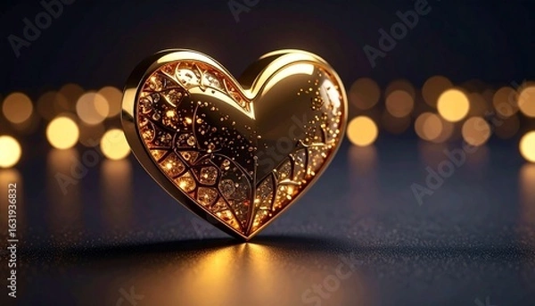 Fototapeta Shiny Golden Heart with Sparkling Light Bokeh Background