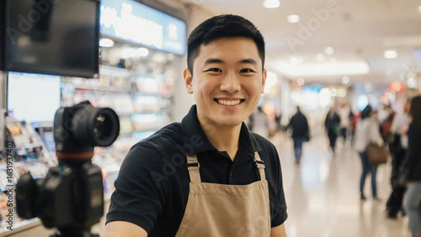 Fototapeta Mall kiosk worker smiling at camera 