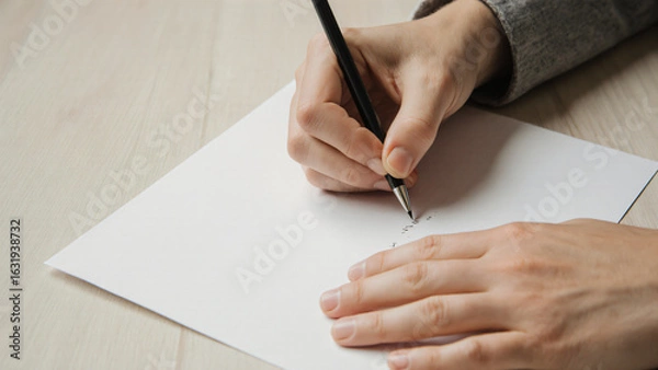 Fototapeta First-person POV of hands writing on paper 