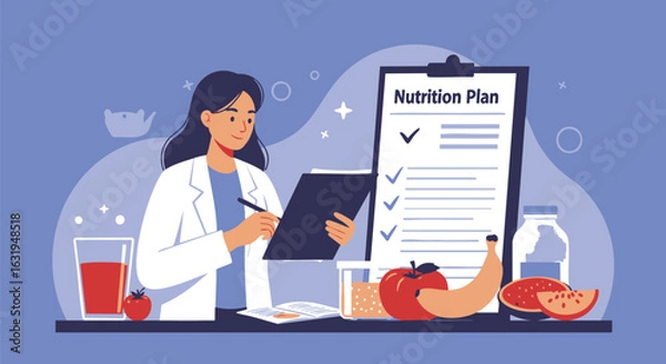Obraz A female nutritionist in a white coat reviews a nutrition plan checklist, surrounded by healthy foods like fruit and juice.