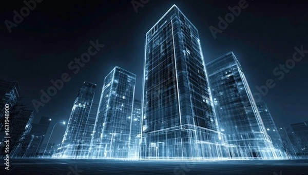 Fototapeta Futuristic Cityscape with Glowing Blue Lines and Modern Architecture Design