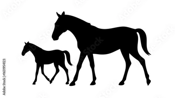 Fototapeta Silhouette of a mare and foal walking side by side in a field with a plain white background scene here