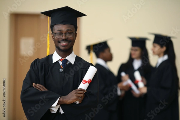 Fototapeta Group, students and diversity at college graduation, happiness for degree or diploma certificate. Team, graduates and celebrating for academic achievement at university campus, smile for knowledge