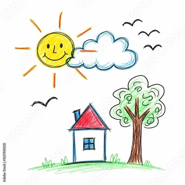 Obraz Cartoon Sunny Day with Smiling Sun, House, Tree, and Birds