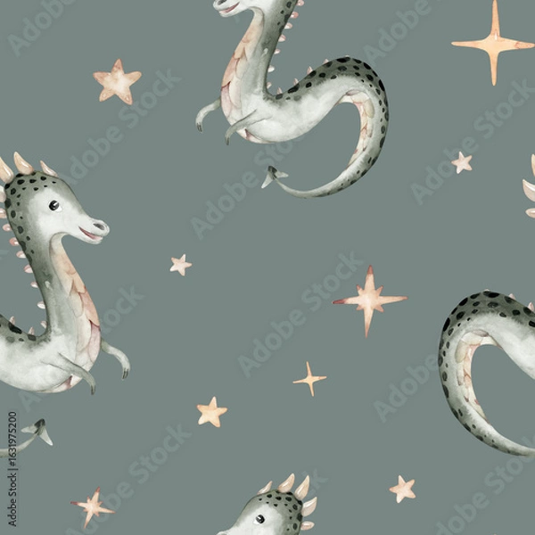 Fototapeta Cartoon 2024 New Year's card Dragon seamless pattern, happy new year and christmas childish background
