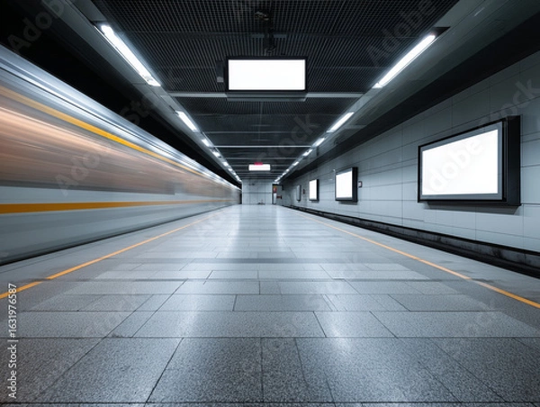 Obraz Subway train passing through station with blank billboards