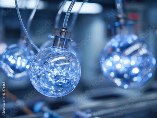 Obraz Laboratory equipment bubbling blue liquid in round flasks