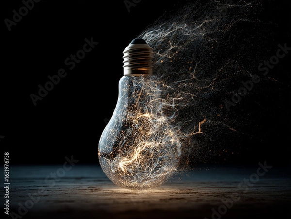 Fototapeta Light bulb exploding with glowing particles on dark background