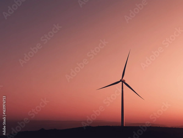 Obraz Wind turbine generating clean energy at sunset in rural landscape