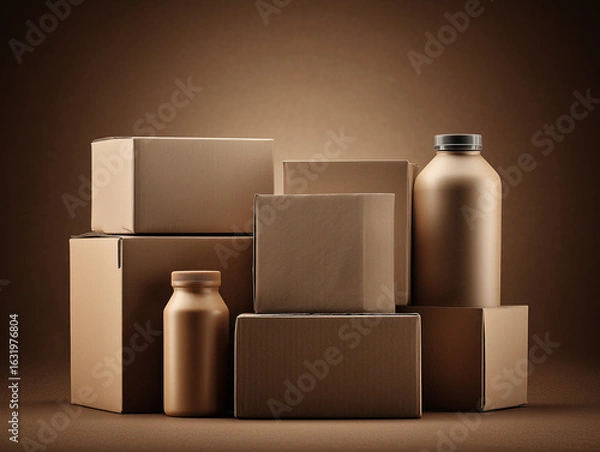 Obraz Cardboard packaging forming a still life with plastic bottles