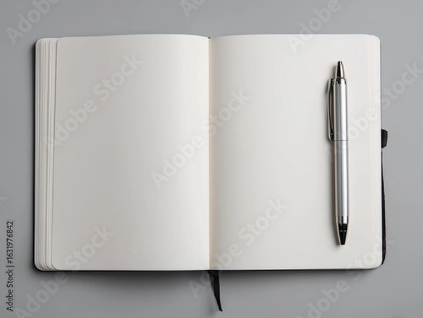 Obraz Open notebook with blank pages and a pen on gray background