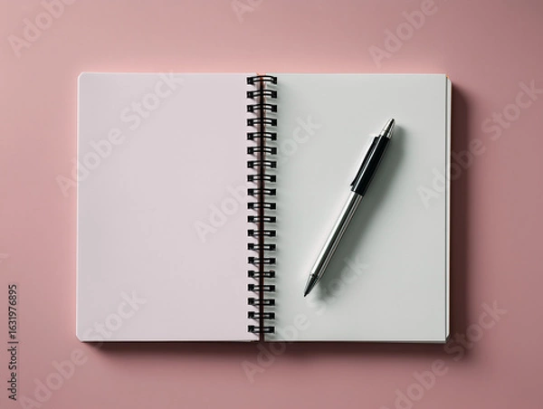 Fototapeta Open notebook with pen on pink background is ready for writing