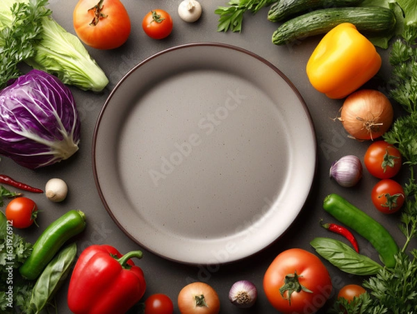 Obraz Empty plate surrounded by fresh vegetables on dark background