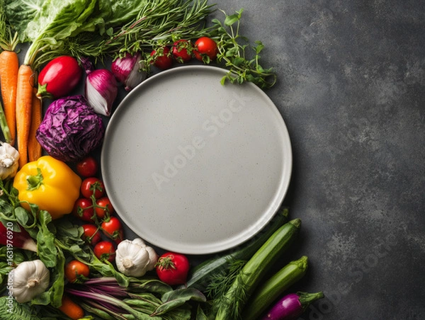 Obraz Fresh vegetables framing empty plate on dark background