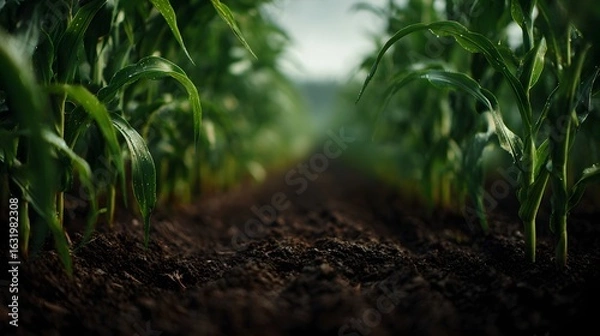 Fototapeta Lush cornfield with rows of healthy plants and summer lighting