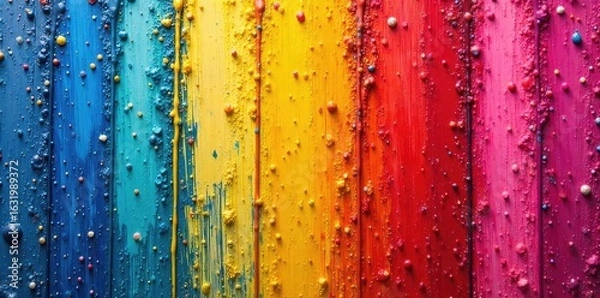 Fototapeta Thick, vibrant paint drips down a textured canvas, creating dynamic streaks and splatters of color Perfect for abstract art, design, and texture backgrounds , splash, detail