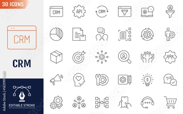 Fototapeta Customer Relationship Management Line Editable Icons set.  Containing data analysis, marketing, and more. Vector illustration