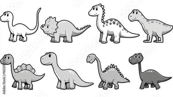 Fototapeta Cute cartoon dinosaurs grayscale, featuring various species with playful expressions. Perfect for children illustrations or educational materials
