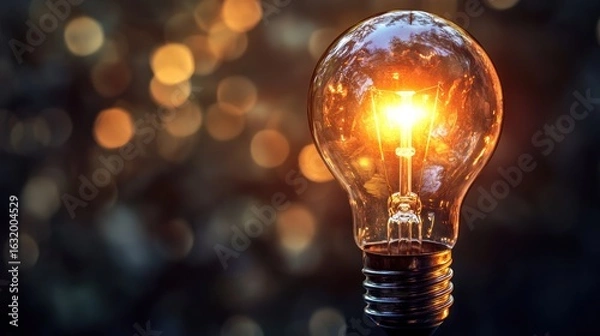 Obraz A glowing light bulb against a blurred background with a warm, golden hue.