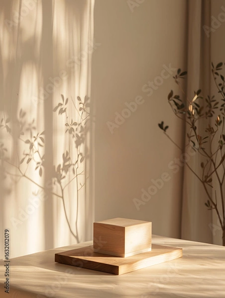 Obraz A wooden cube sits on a wooden platform. The image features light and shadow, with plant silhouettes casting shadows on the wall.
