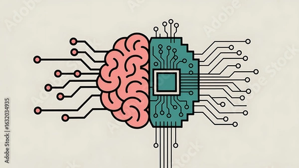 Fototapeta Brain and computer chip connected, symbolizing artificial intelligence.
