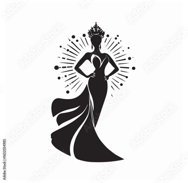 Obraz Miss Pageant Logo with Beautiful Lady Evening Gown and Crown .Design Logo Vector