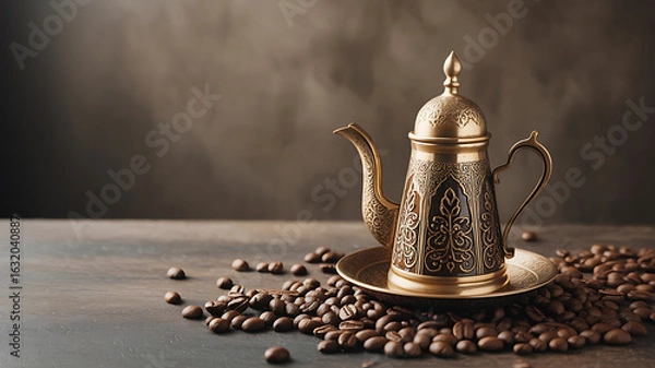 Obraz Ornate gold coffee pot, surrounded by coffee beans.
