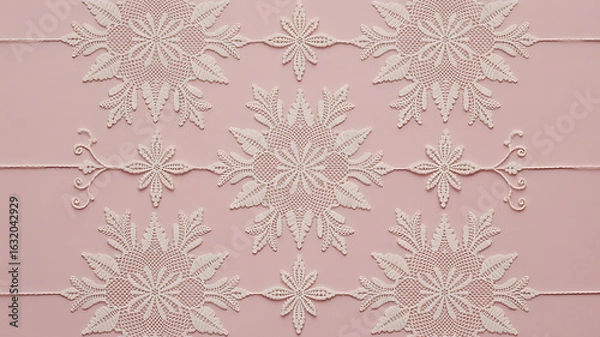 Fototapeta Pink background with repeating white floral patterns.
